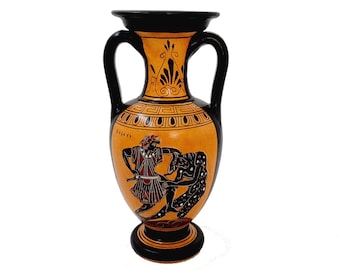 Jarrón ánfora griega de 22 cm, Teseo y el minotauro, cerámica de figuras negras