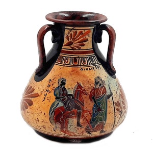 Handmade Ancient Greek Pottery Vase: Dionysus & Hermes, 15cm