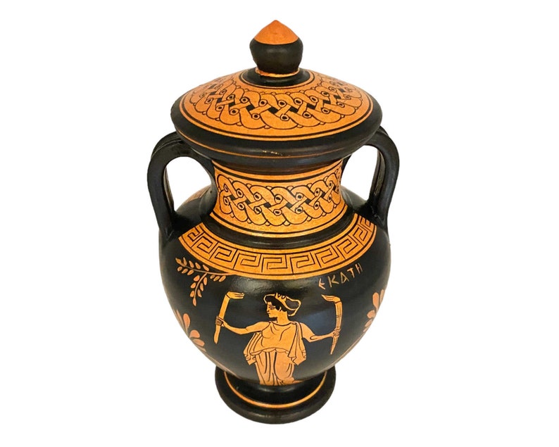 Red figure Pottery Aphora 19cm with lid ,Hecate and Goddess Artemis image 4