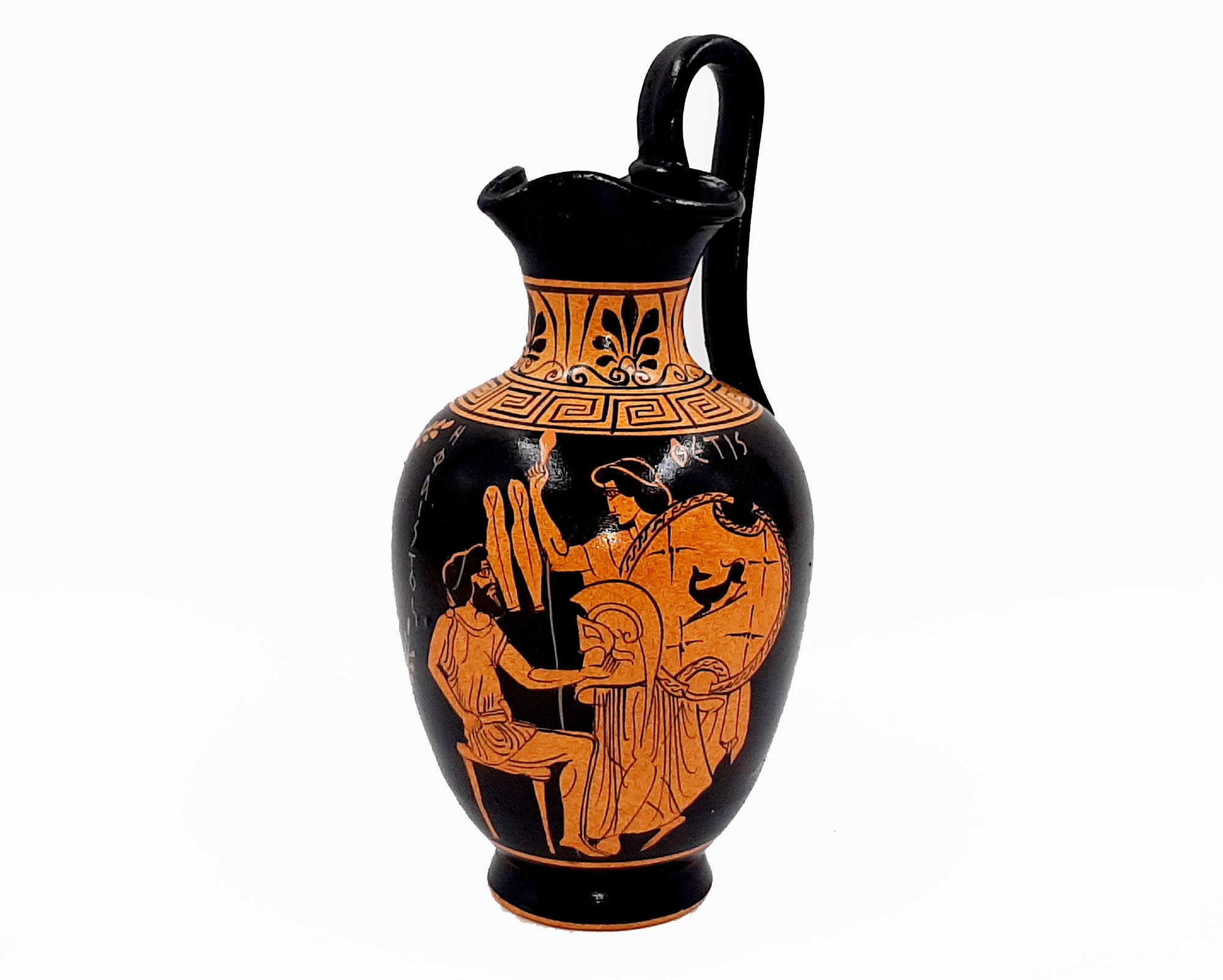 Greek Oinochoe Red Figure Pottery 19cm, Shows God Hephaestus With