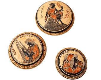 Set of 3 Ancient Greek Pyxis,Showing 3 Olympian Gods