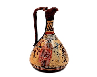 Jarrón griego antiguo de 17 cm, Lagynos multicolor, que representa al dios Dioniso.