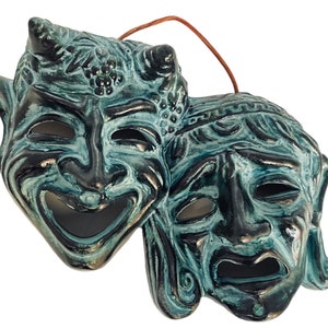 Máscaras de teatro griego, tragedia y comedia, terracota en relieve, decoración de pared 18x14cm