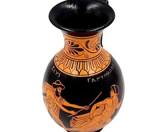 古代ギリシャのオルペ（17cm）、赤像式陶器、ゼウス神とガニュメデスを
