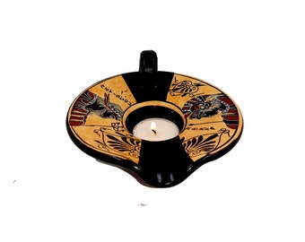 Greek Ceramic candlestick 14cm ,Black figure technique,God Poseidon,Godess Athena
