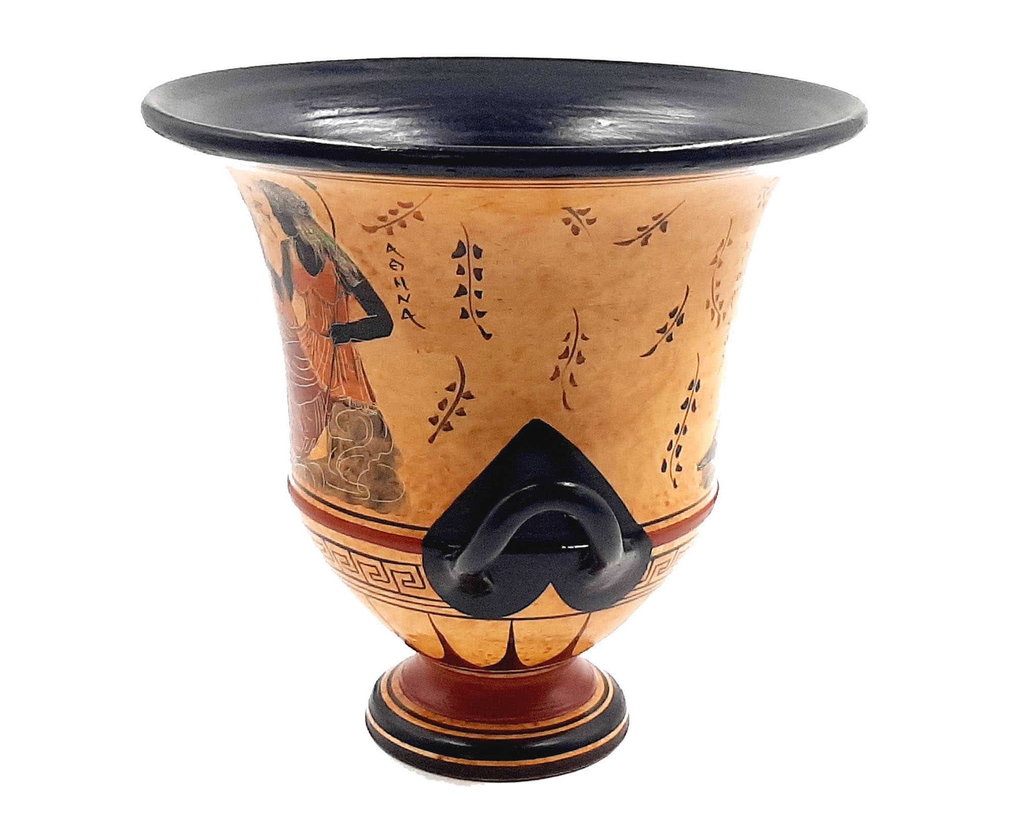 アポロ、ビガ・アンティーク／古代ギリシャの名作・2300年以上前の質感 古代ギリシャ陶器クラテル 21 cm、神話のオリンピアの神々を表現