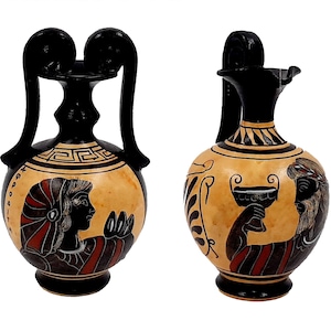 Black Figure Greek Vases: Dionysus & Aphrodite Pottery Set