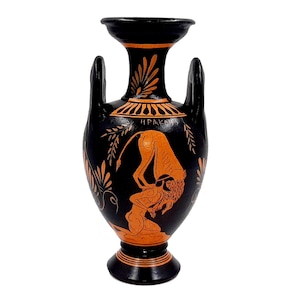 Red figure Vase,Amphora 22cm , shows Oedipus with Sphinx and Hercules with Nemean Lion