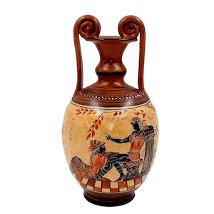 Greek Pottery Vase 24cm, Amphora with Brown shades, shows Goddess Aphrodite with Adonis