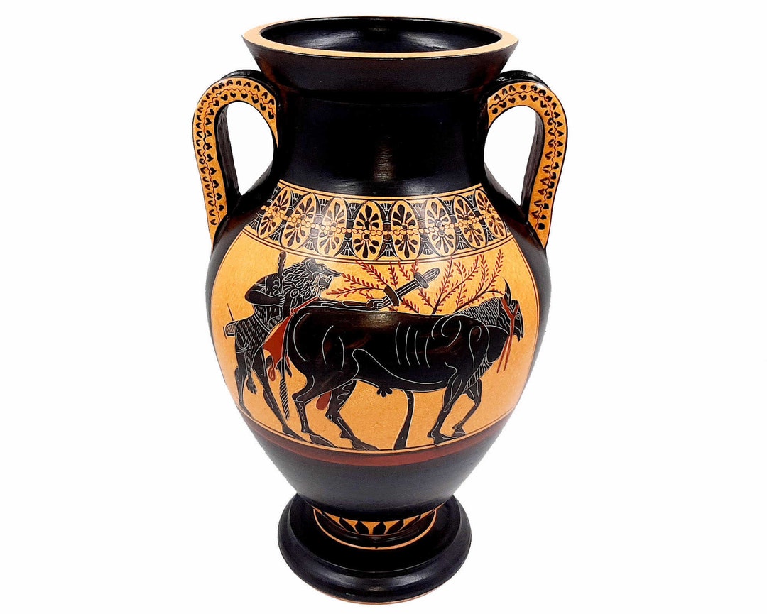 Red -black Figure Amphora 31cm,hercules Driving Bull to Sacrifice