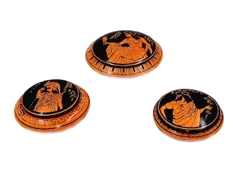 Set of 3 Ancient Greek Pyxis,Red Figure Pottery,Showing 3 Olympian Gods