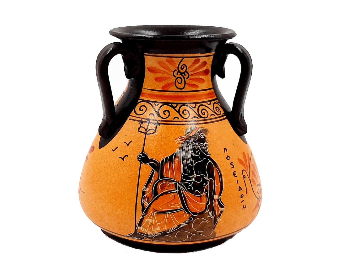 Ancient Greek Vase , With 3 Handles and Orange Background,shows God