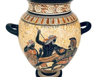 Greek Stamnos Vase: Poseidon & Zeus, Ancient Pottery Replica (26cm)