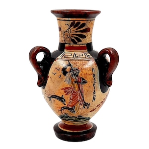 Ancient Greek  Amphora  17cm,Mulitcolored, Shows God Poseidon and Goddess Athena