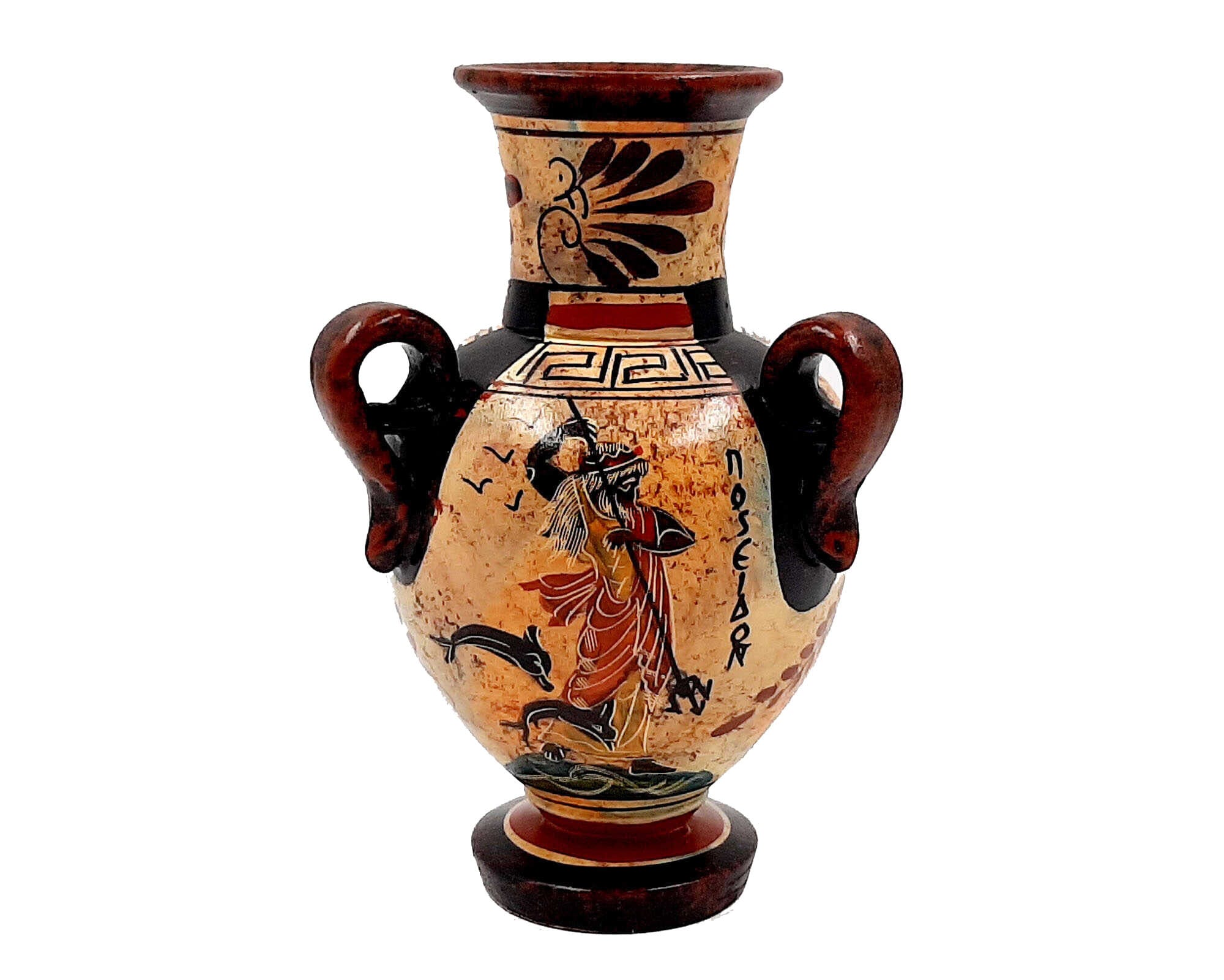 古代ギリシャのアンフォラ、高さ17cm、多色、ポセイドン神とアテナ女神