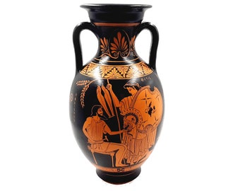 Ánfora griega antigua, jarrón de cerámica roja de 31 cm, dios Hefesto con Tetis, dios Dioniso