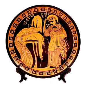 Greek Plate 24cm,Red Figure Pottery,shows Jason disgorged by the monster and Goddess Athena