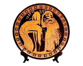 Greek Plate 24cm,Red Figure Pottery,shows Jason disgorged by the monster and Goddess Athena
