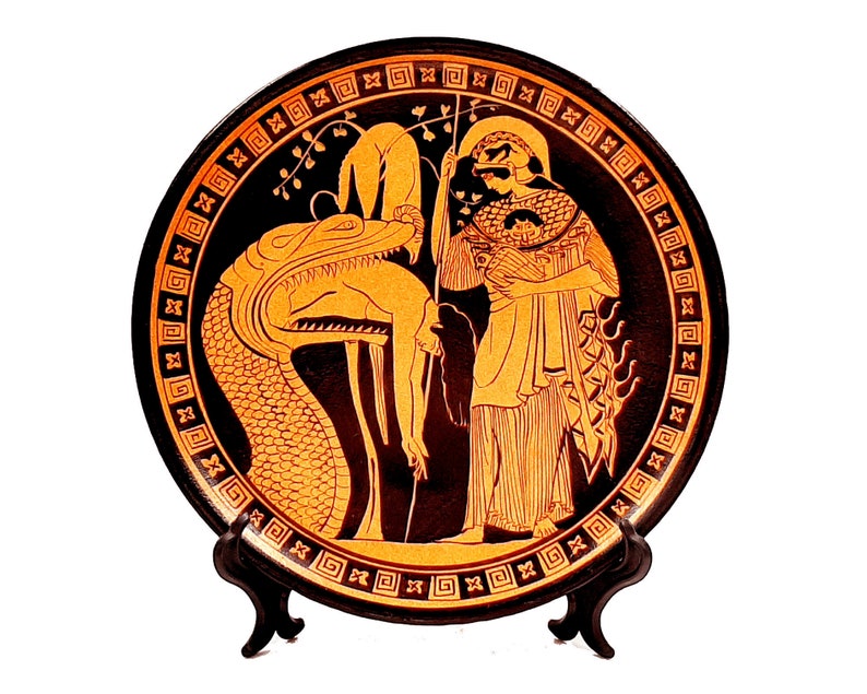 Greek Plate 24cm,Red Figure Pottery,shows Jason disgorged by the monster and Goddess Athena