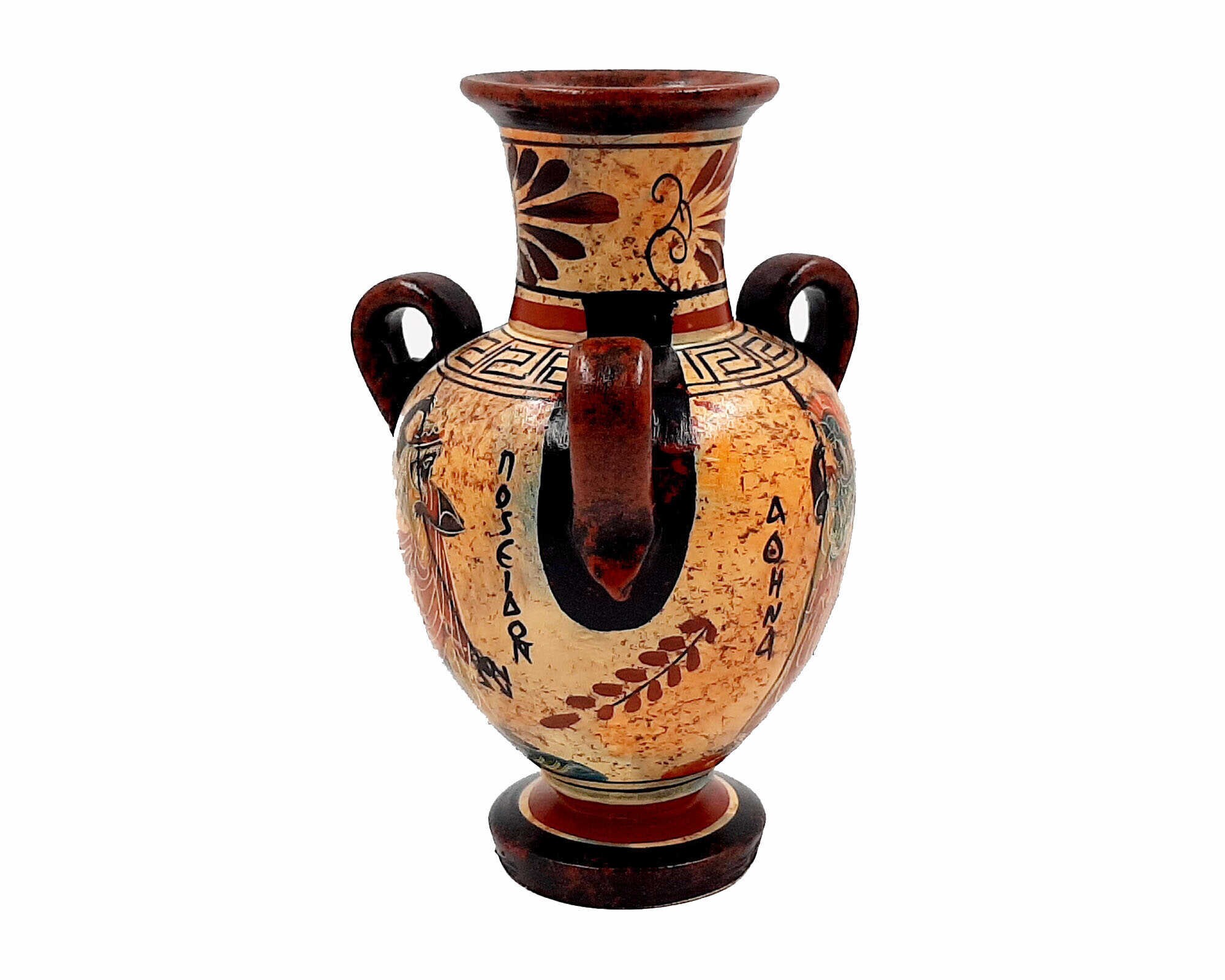 古代ギリシャのアンフォラ、高さ17cm、多色、ポセイドン神とアテナ女神