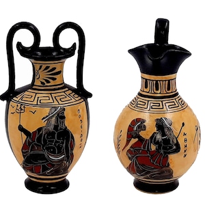 Ancient Greek Pottery Vase Set: Poseidon & Athena Black Figure Vases