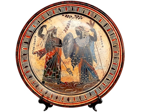 Greek Ceramics Plate 28cmMulticolored,God Poseidon with Goddess Athena