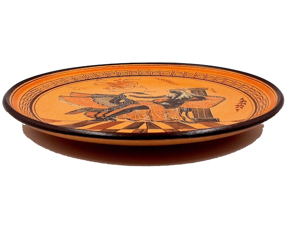 ギリシャの皿、直径28 cm、オレンジ色の背景、白鳥に乗ったゼウス神が