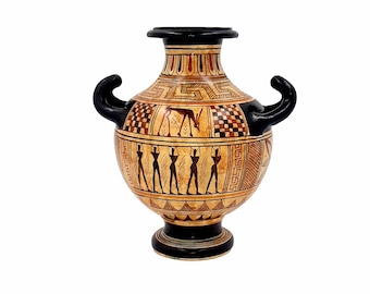 Geometrische Hydria 16 cm met 3 handvatten, vaas van Grieks aardewerk