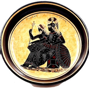 Greek Kylix 26cm,Black figure Pottery,Showing God Poseidon and Goddess Athena