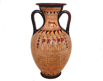 May include: A terracotta amphora with two handles, decorated with black and red geometric patterns and figures of warriors. The amphora is a traditional Greek pottery vessel.