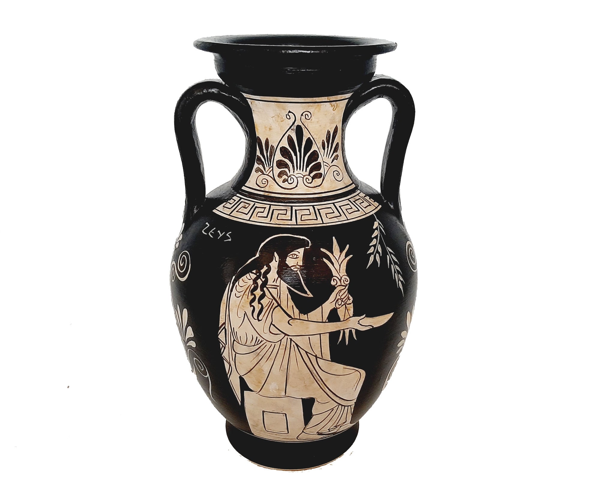 ギリシャ製花瓶 ギリシャ陶器の花瓶、高さ22cm、白像、女神ヘスティアと神ゼウス
