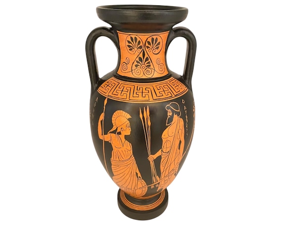 古代ギリシャの花瓶 31 cm、赤像式アンフォラ、アテナとオデュッセウス