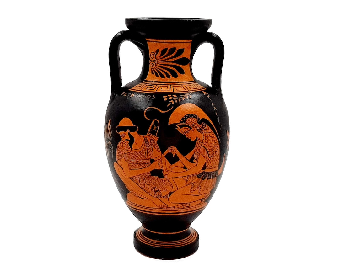 Vaso greco antico 22 cm, anfora a figure rosse, Achille con Patroclo, Zeus  con Ganimede Italia