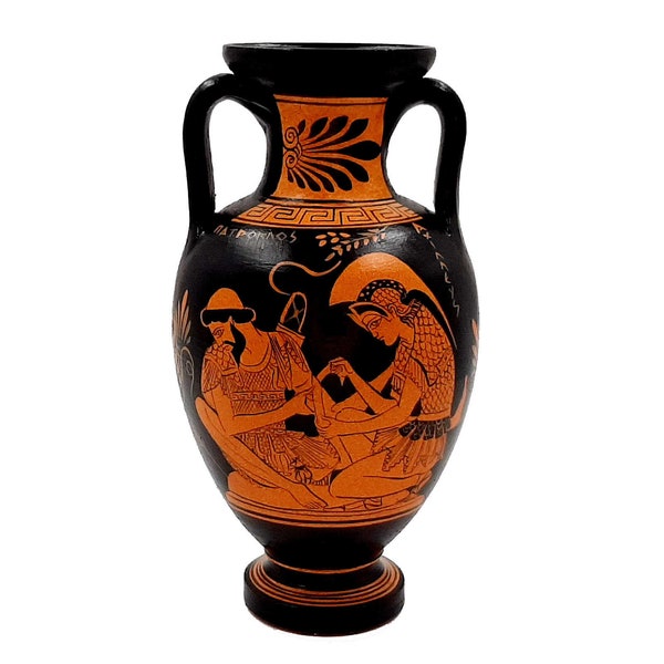 Vase grec ancien 22 cm, Amphore à figures rouges, Achille avec Patrocle, Zeus avec Ganymède