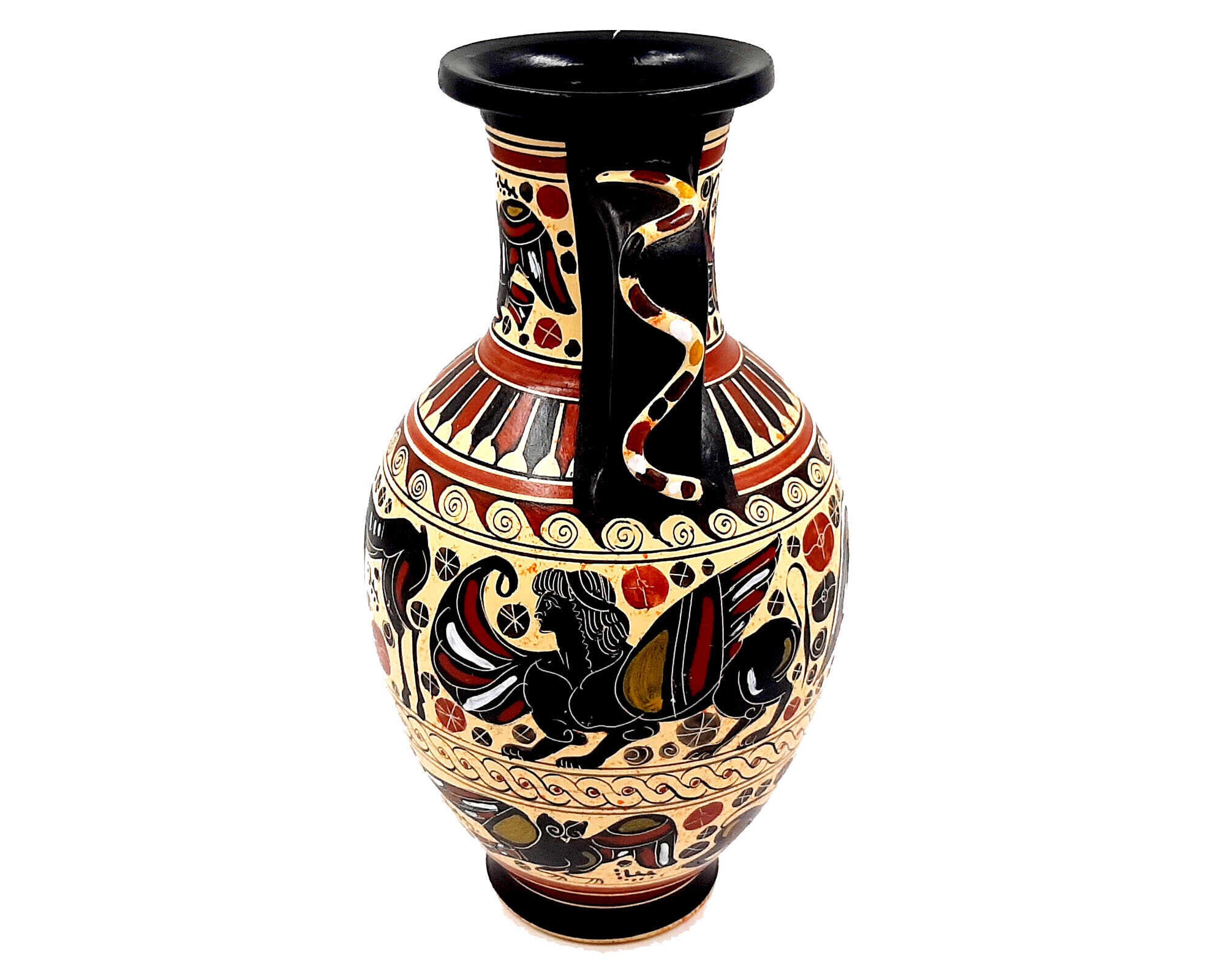 ギリシャ　壺　アンフォラ ギリシャの壺アンフォラ 26 cm、取っ手に蛇の模様、コリント美術