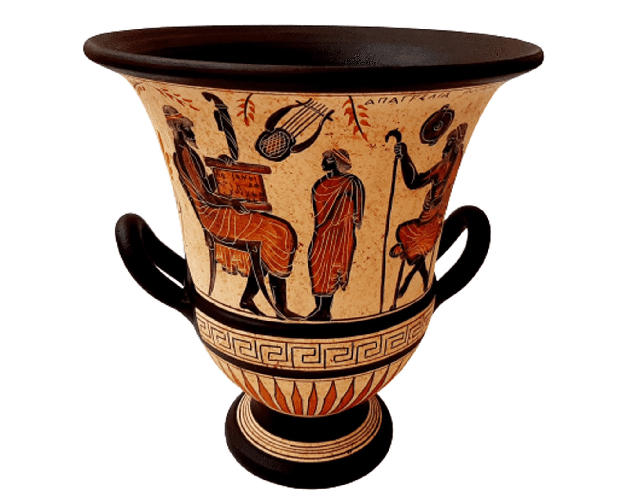クラテル 26 cm、古代ギリシャ陶器、教室の様子とトリトンを表現
