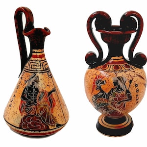 Set of 2 Ancient  Greek Pottery Vases 13,5cm,Shows God Poseidon and Goddess Athena