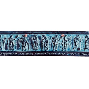 9 Muses from Ancient Greek religion and Mythology,Relief terracotta Slab 30x7cm,Blue Patina