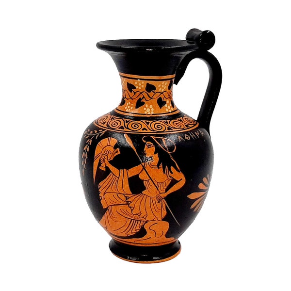 Vase grec antique 13cm, Figure rouge Oinochoe, montrant la déesse Athéna