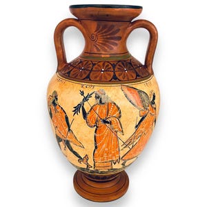 Handgjord grekisk keramikamfora: Apollo, Artemis, Zeus (31 cm)
