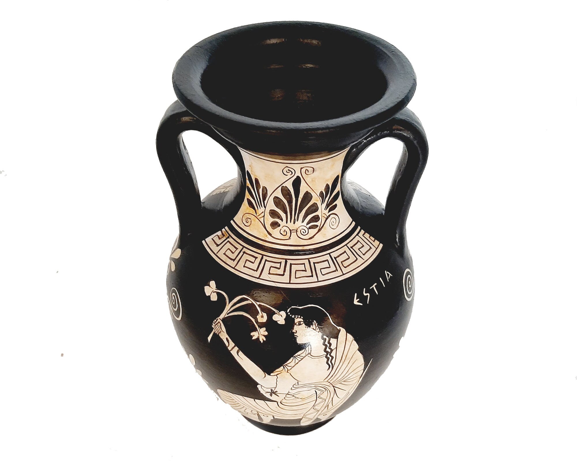 陶器製女性像彫刻花瓶 ギリシャ陶器の花瓶、高さ22cm、白像、女神ヘスティアと神ゼウス