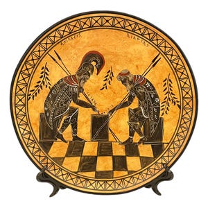 Ajax and Achilles,Greek ceramic plate 24cm,Black figure pottery