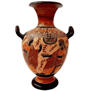 May include: A terracotta amphora with two handles, decorated with black and red figures of women in a scene of offering. The amphora has a geometric pattern around the neck.