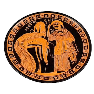 Greek Plate 24cm,Red Figure Pottery,shows Jason disgorged by the monster and Goddess Athena image 3