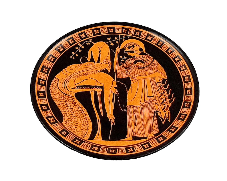 Greek Plate 24cm,Red Figure Pottery,shows Jason disgorged by the monster and Goddess Athena image 3