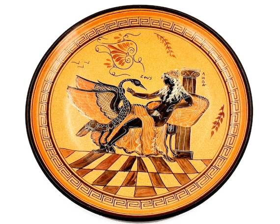 ギリシャの皿、直径28 cm、オレンジ色の背景、白鳥に乗ったゼウス神が
