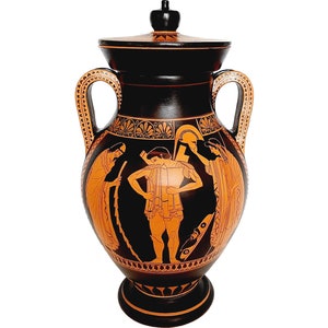 May include: Black and orange Greek amphora with a lid. The amphora is decorated with a scene of three figures in black silhouette.
