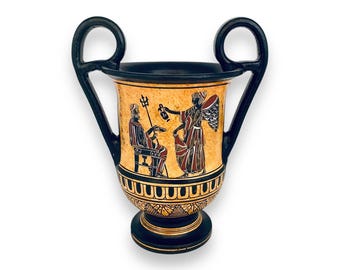 Kantharos Vase 19cm,Black figure Pottery ,God  Poseidon with Goddess Iris and God Zeus