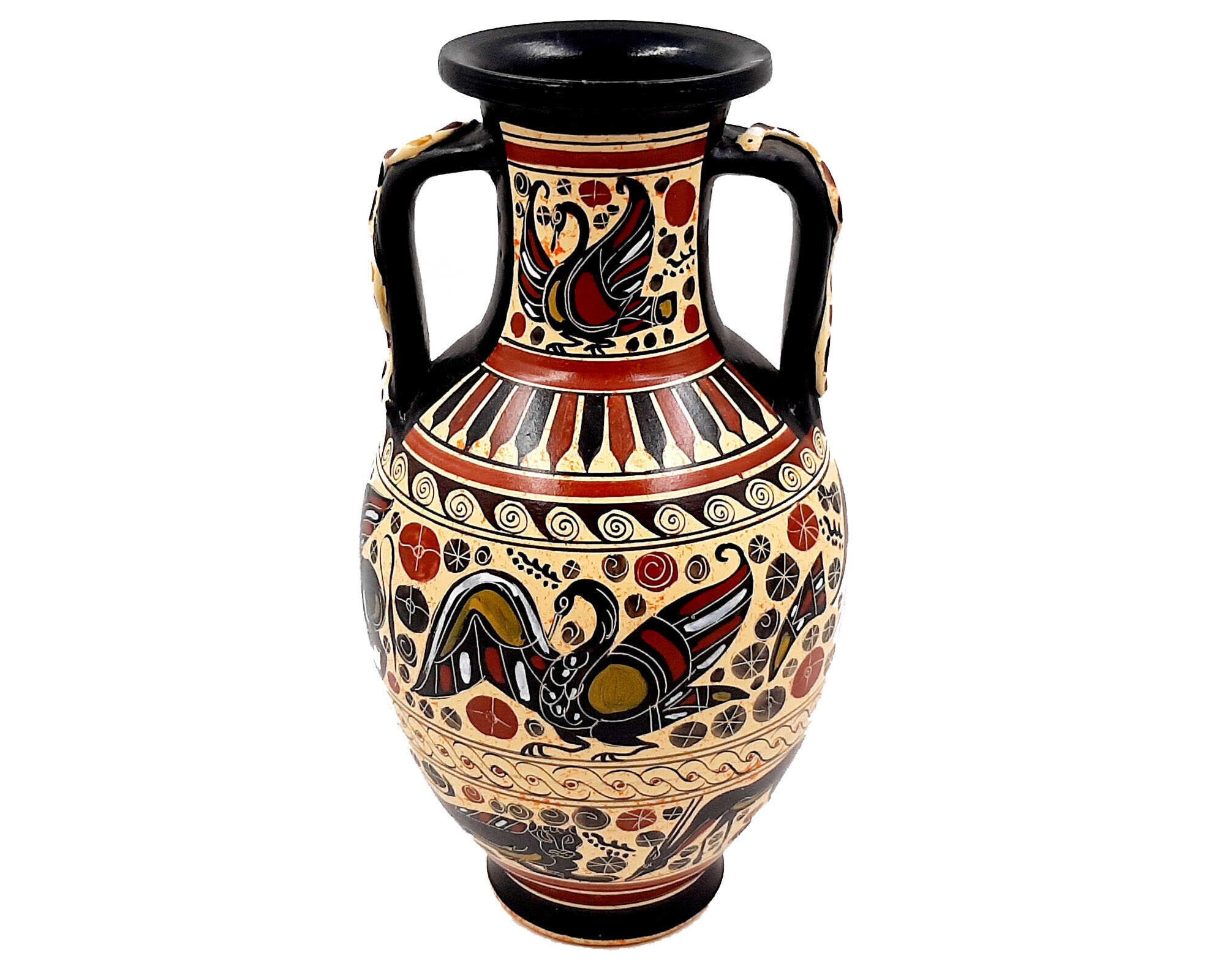 ギリシャの壺アンフォラ 26 cm、取っ手に蛇の模様、コリント美術