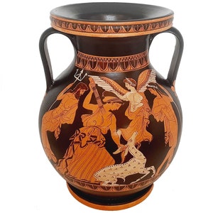 May include: A black and orange Greek amphora with two handles. The amphora is decorated with a scene of a winged figure holding a lyre, a figure with a trident, and a deer. The amphora is on a white background.